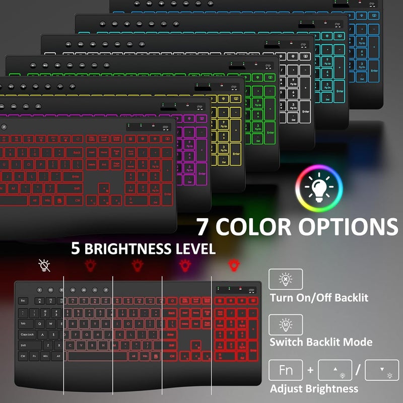 EDJO Wireless Keyboard and Mouse Combo, 9 Backlit Effects, Rechargeable 4000mAh Backlit Keyboard with Wrist Rest, 6 Button Mouse, 2.4G Full Size Quiet Keyboard Set for Computer, PC, Laptop, Mac, Windows - Image 2
